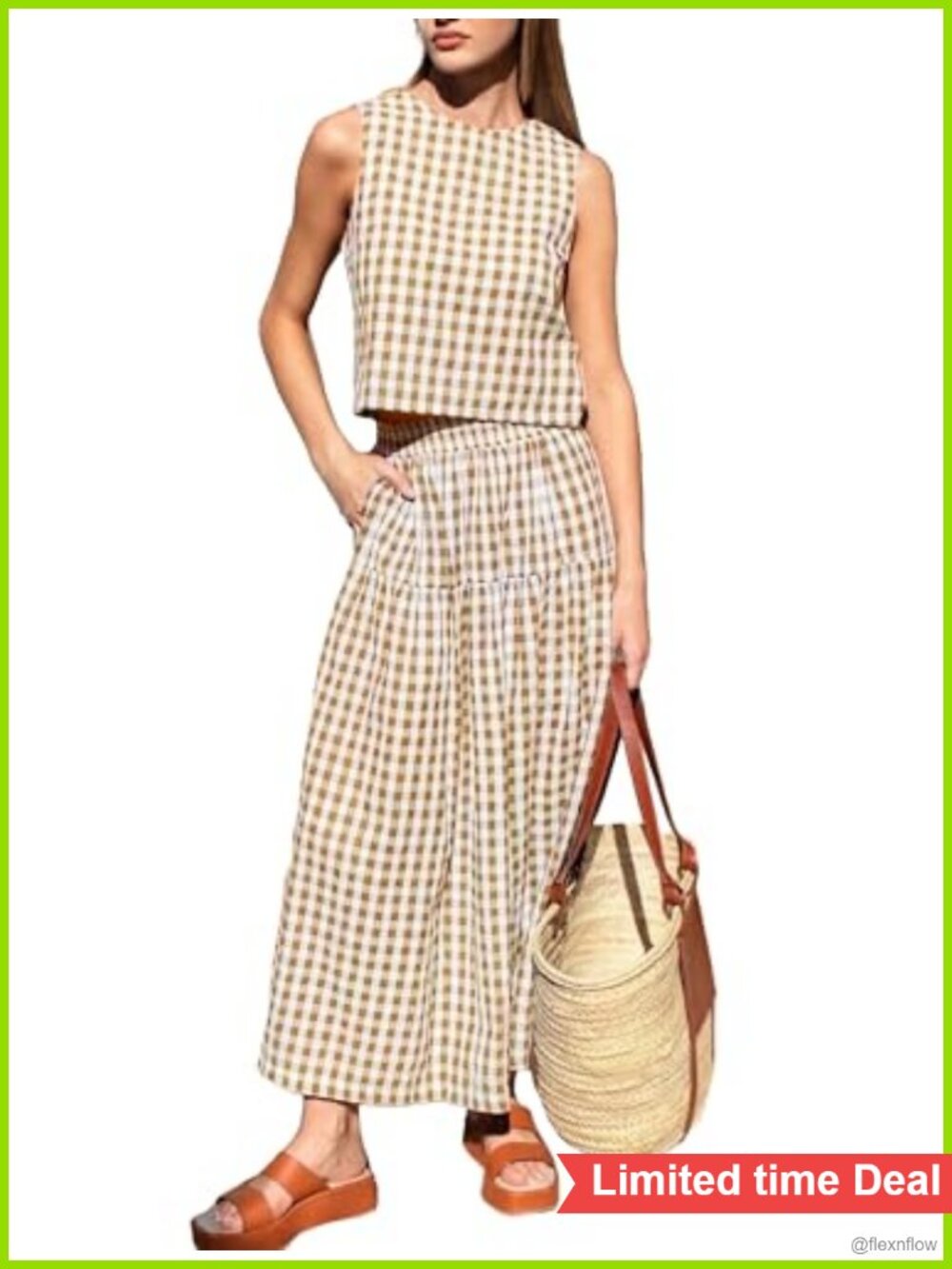 Gingham Two Piece Skirt Set Sleeveless Crop Top High Waist Tiered Skirt